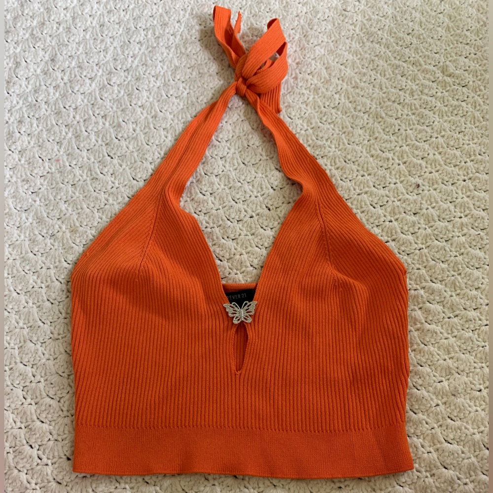 Orange butterfly emblem crop top